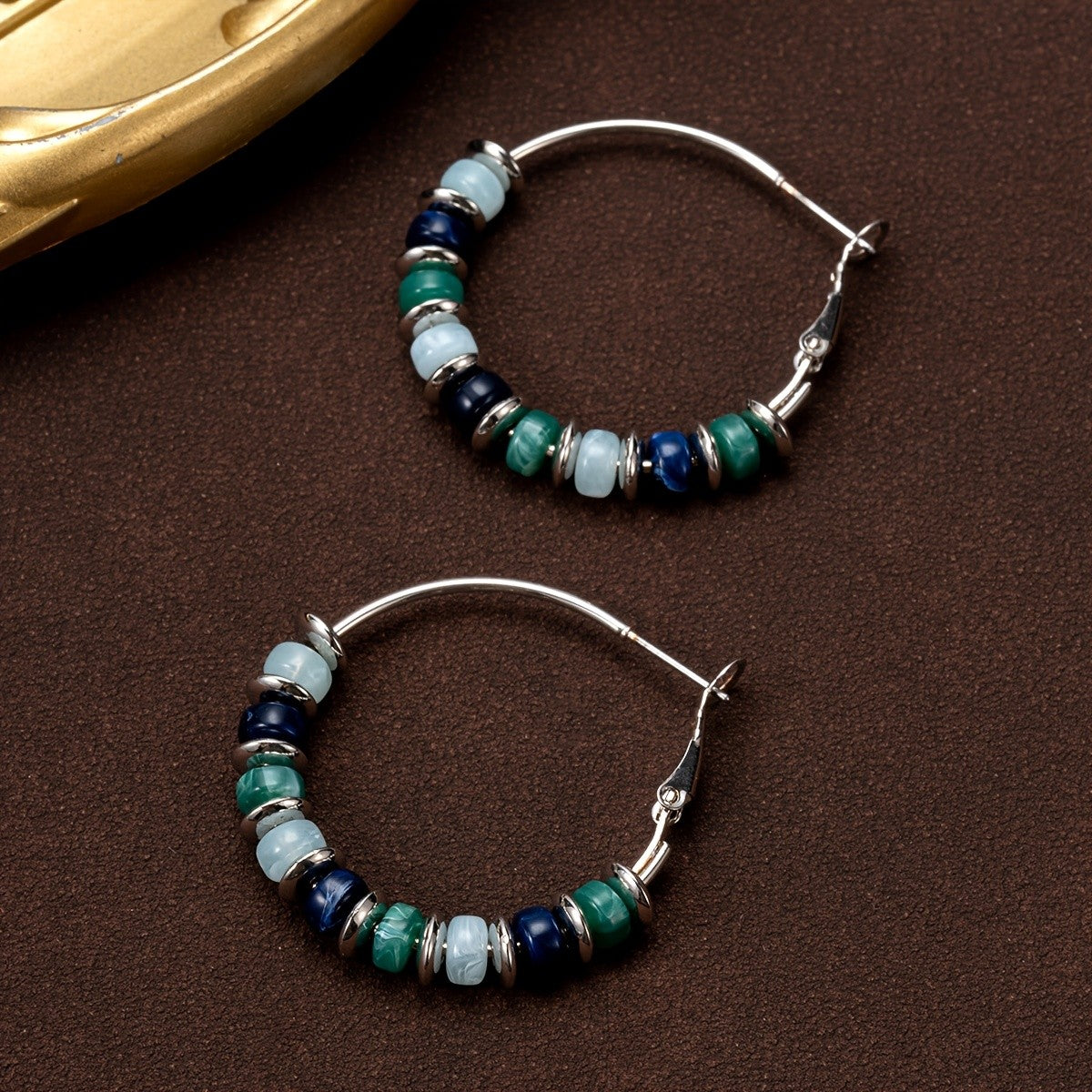 Blue Green Bead Hoop Earrings