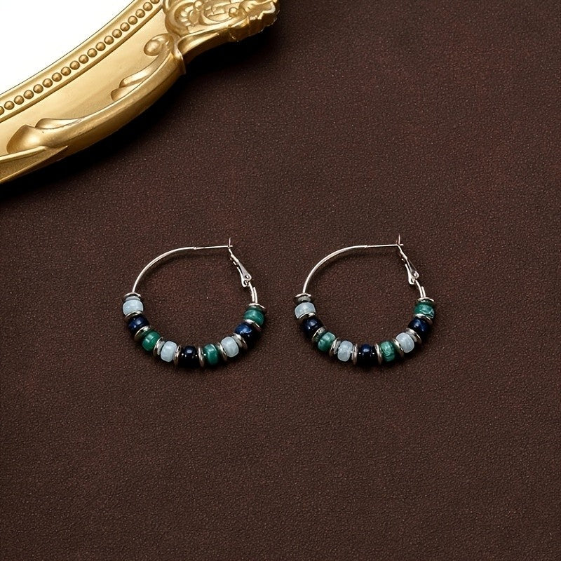 Blue Green Bead Hoop Earrings