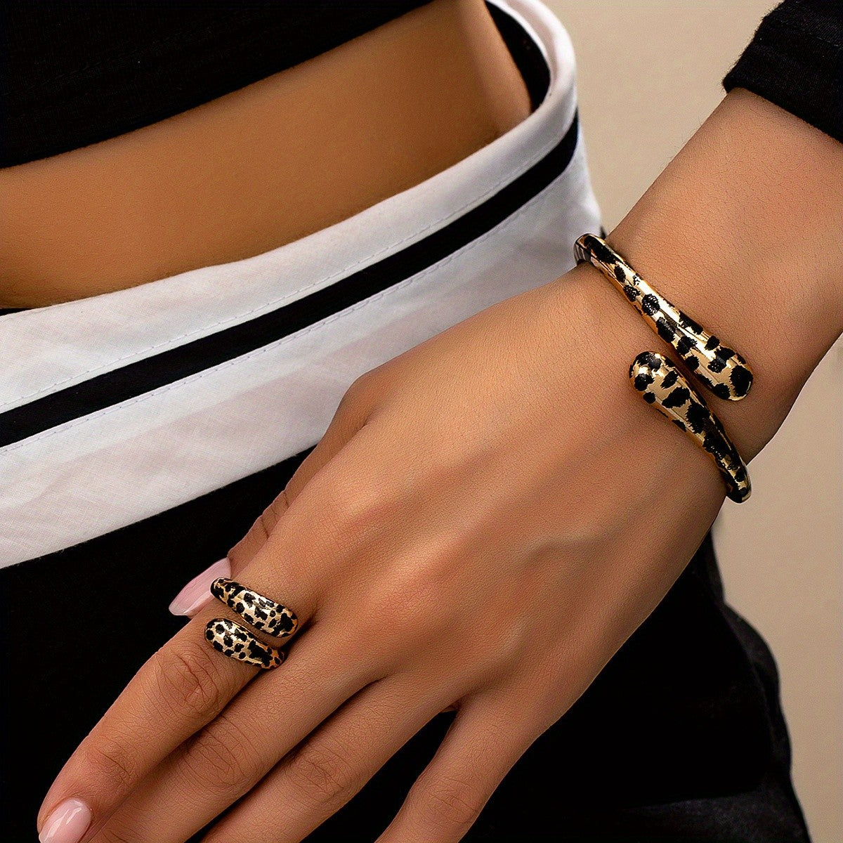 Leopard Print Snake Cuff & Ring Set