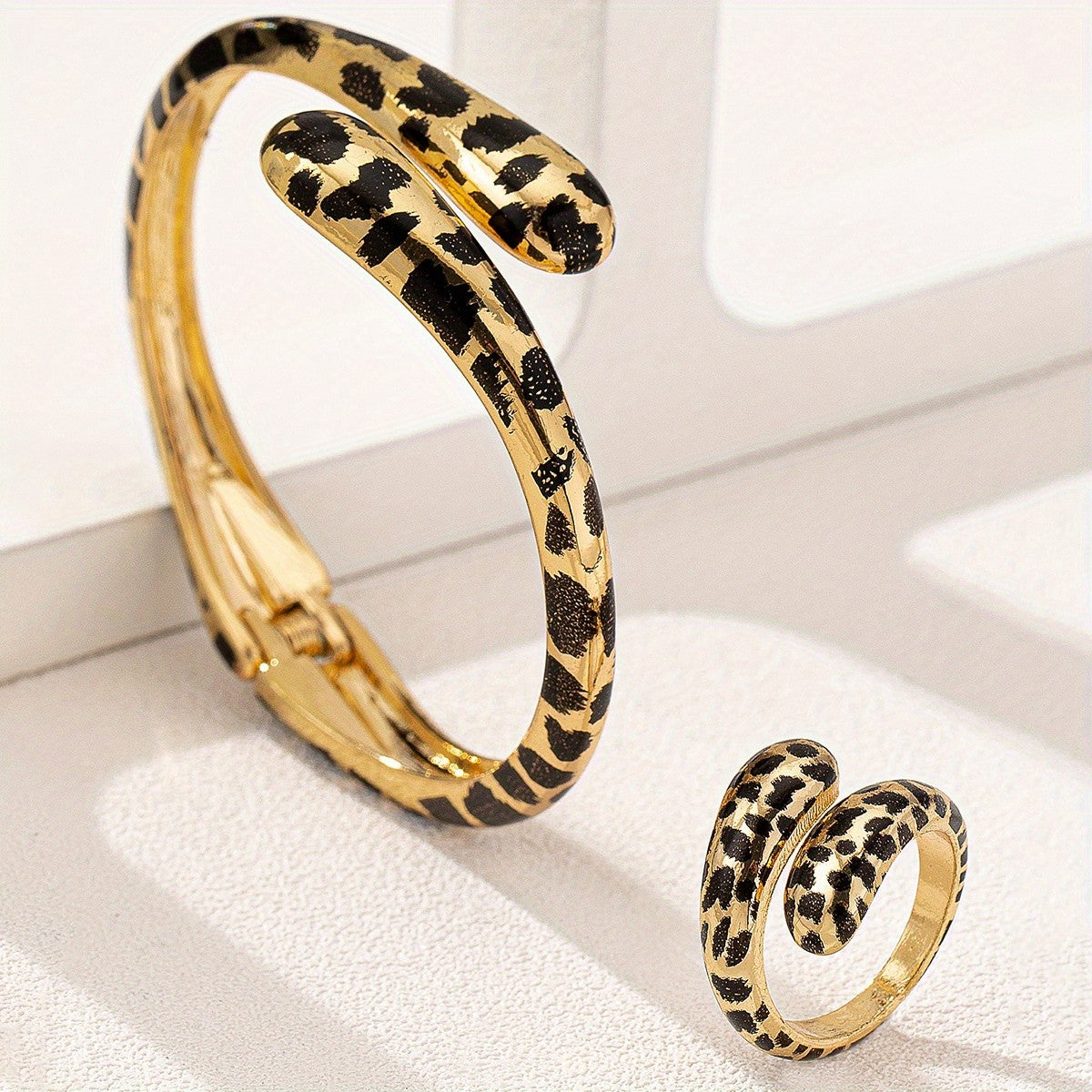 Leopard Print Snake Cuff & Ring Set