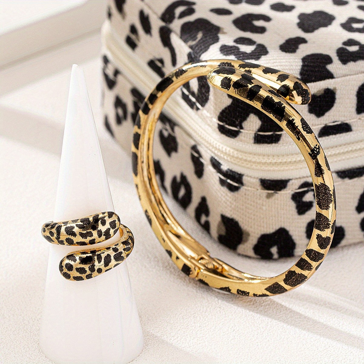 Leopard Print Snake Cuff & Ring Set