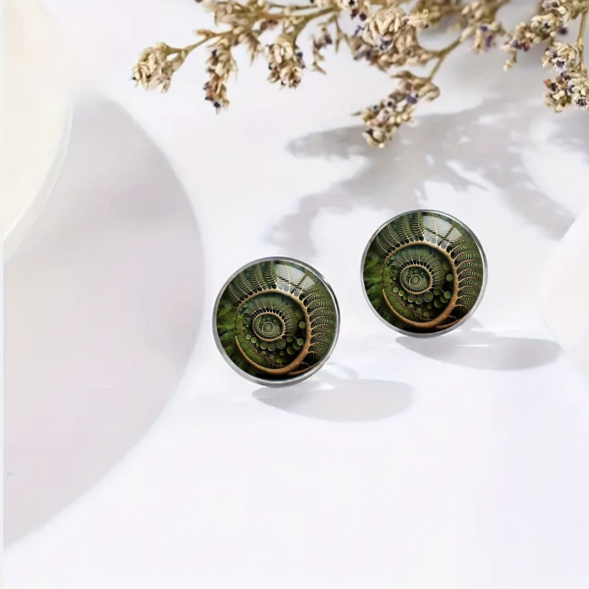 Green Spiral Leaf Stud Earrings
