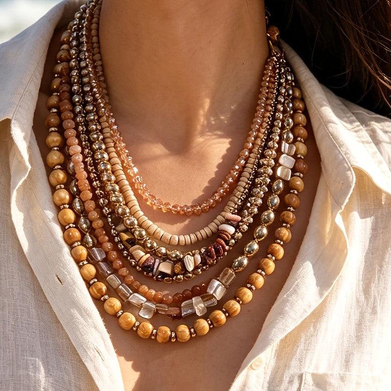 Brown Wood & Resin Layered Necklace
