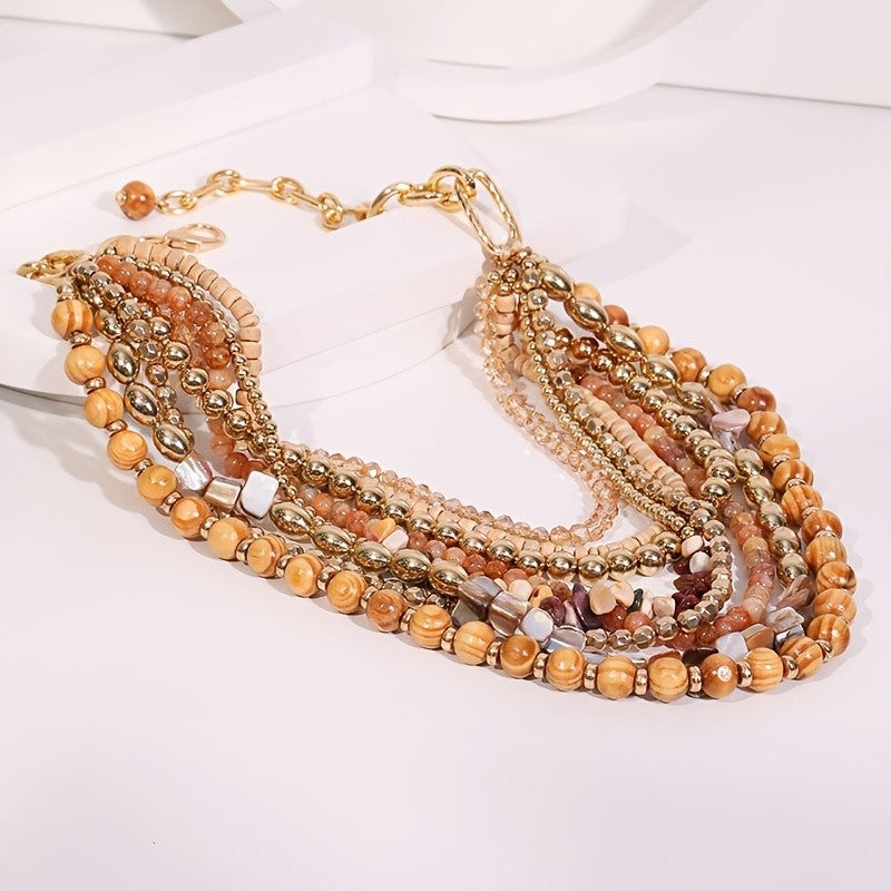 Brown Wood & Resin Layered Necklace