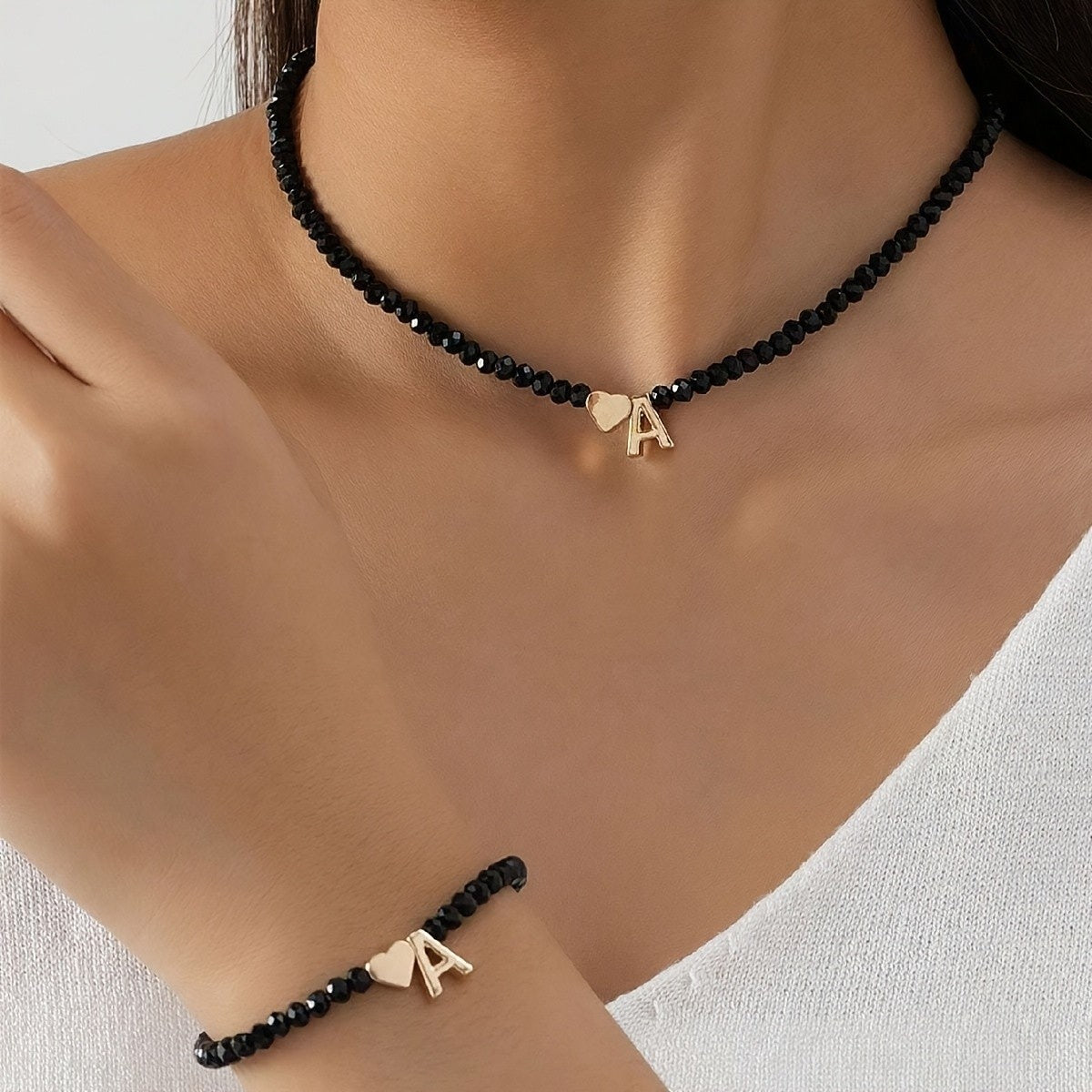 Black Bead Heart Initial Necklace & Bracelet Set