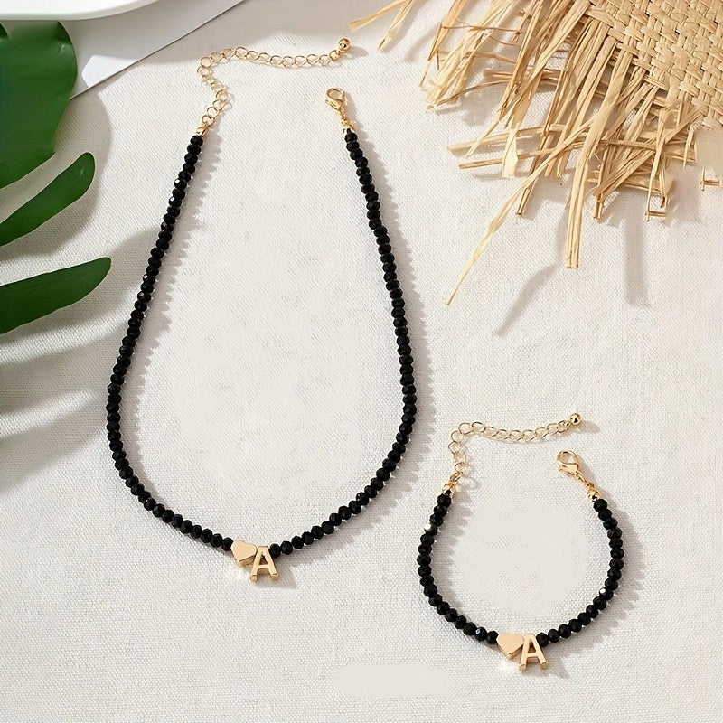 Black Bead Heart Initial Necklace & Bracelet Set