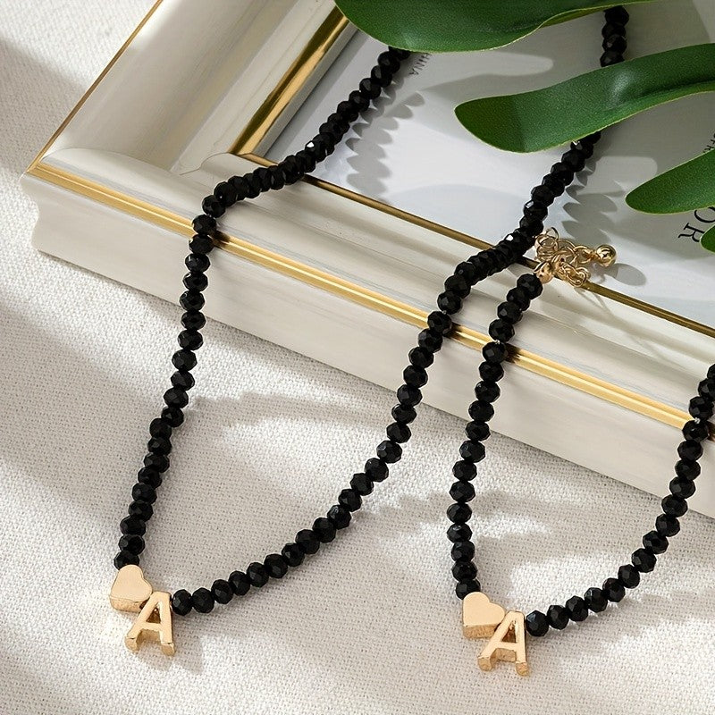 Black Bead Heart Initial Necklace & Bracelet Set
