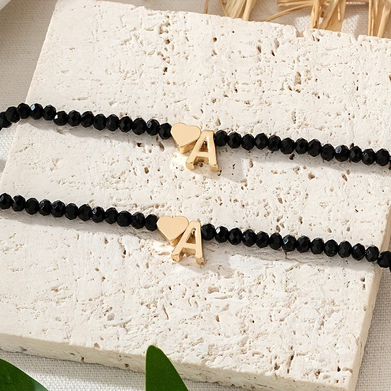 Black Bead Heart Initial Necklace & Bracelet Set