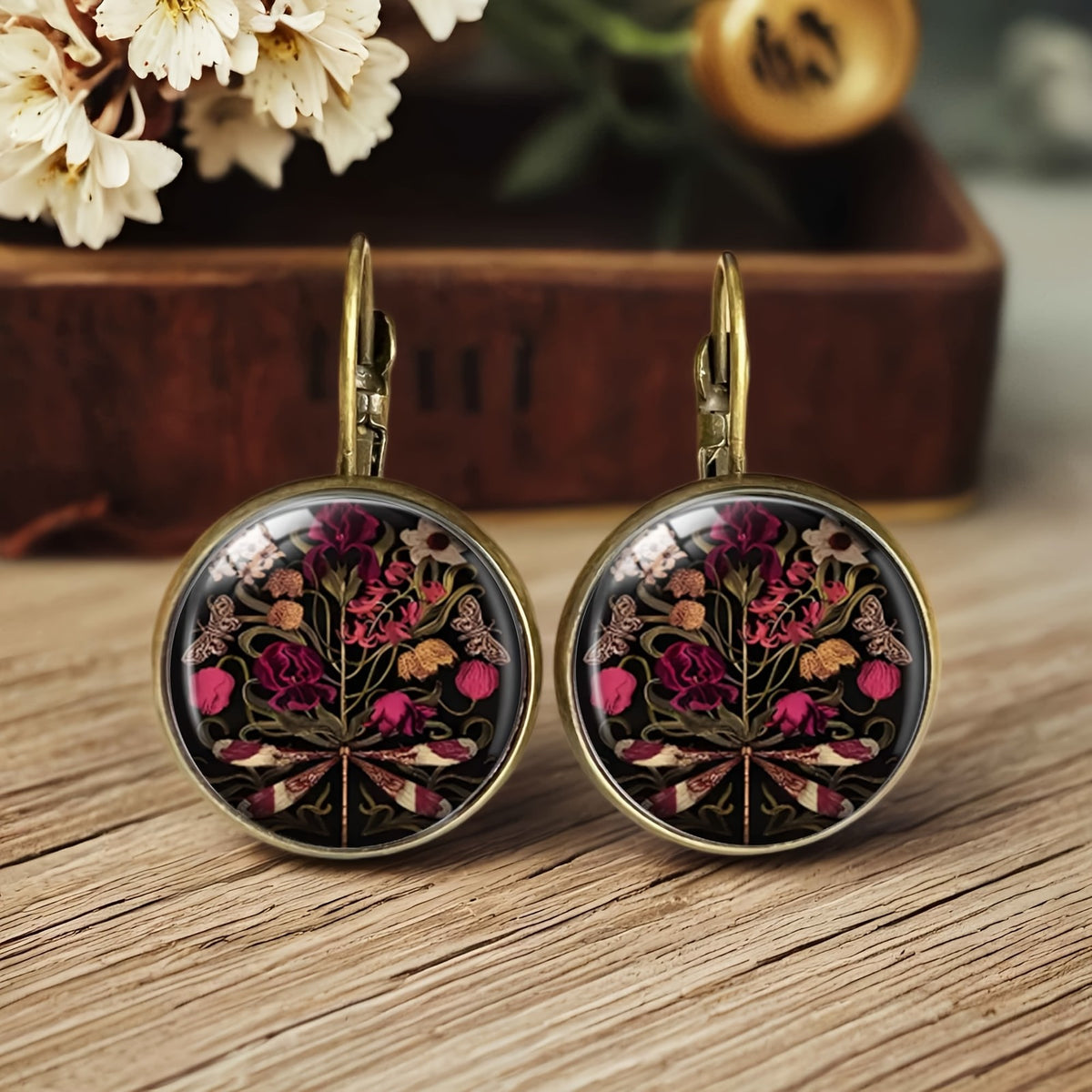 Floral Dragonfly Glass Dome Earrings