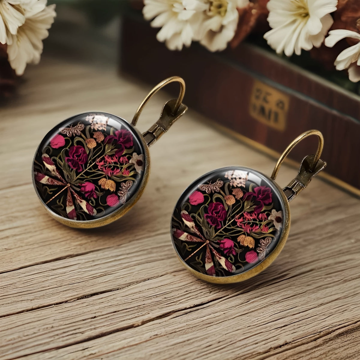 Floral Dragonfly Glass Dome Earrings