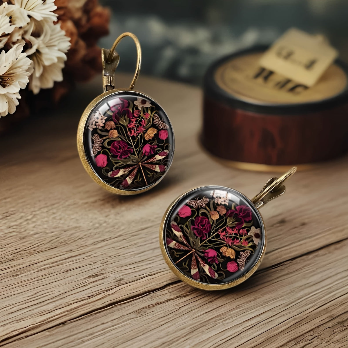 Floral Dragonfly Glass Dome Earrings