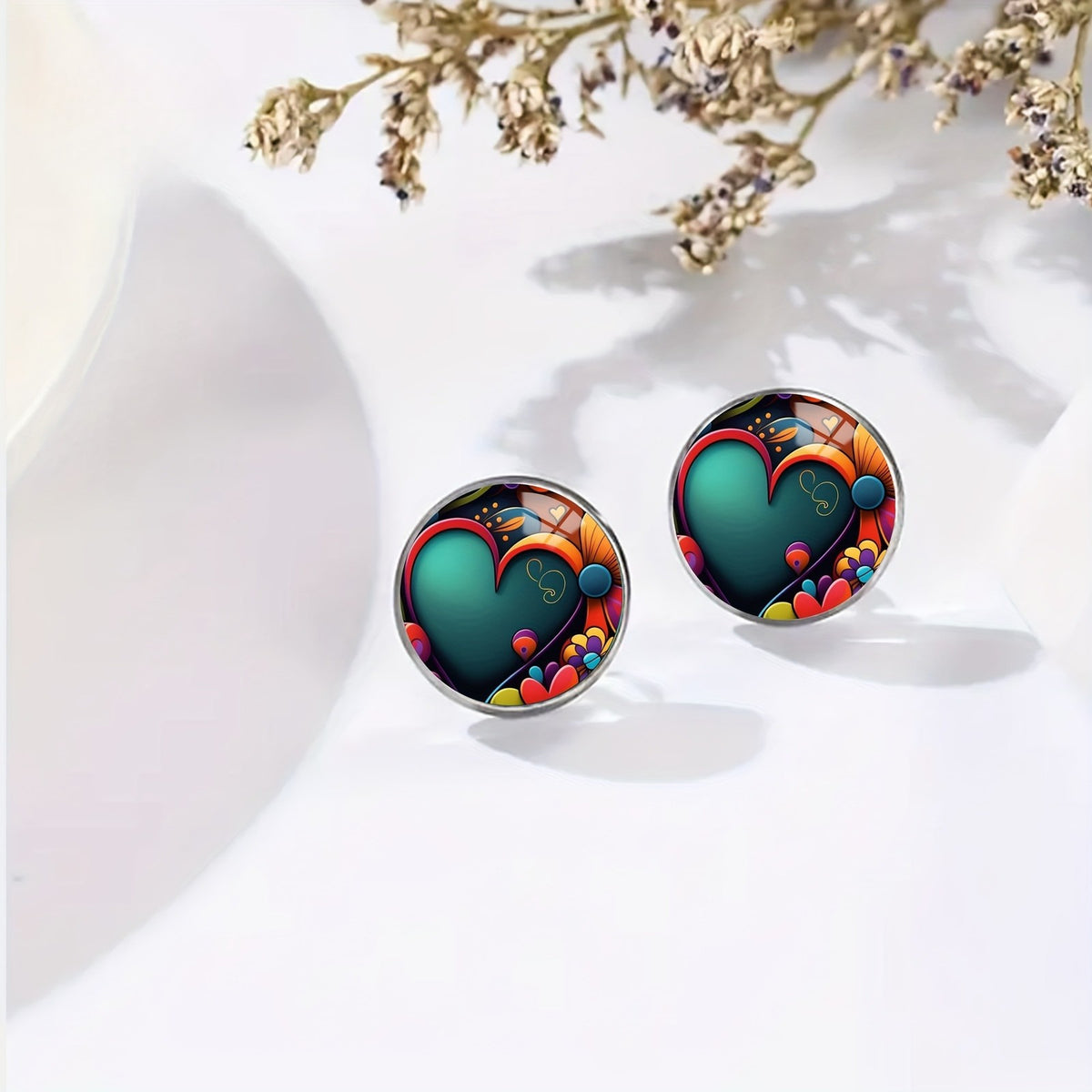Teal Heart Mosaic Stud Earrings