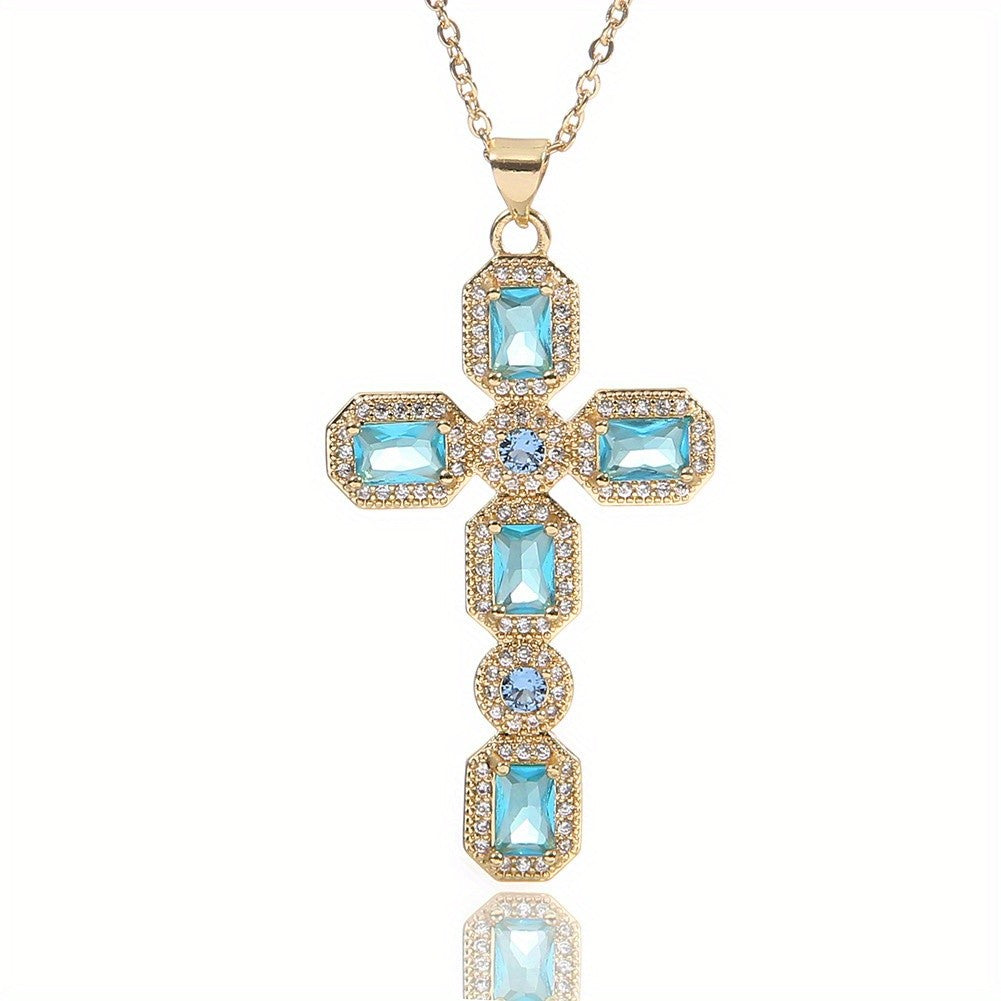 Rectangular Gemstone Cross Necklace