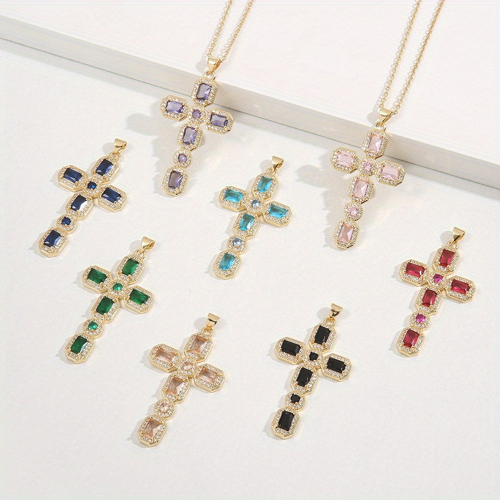 Rectangular Gemstone Cross Necklace