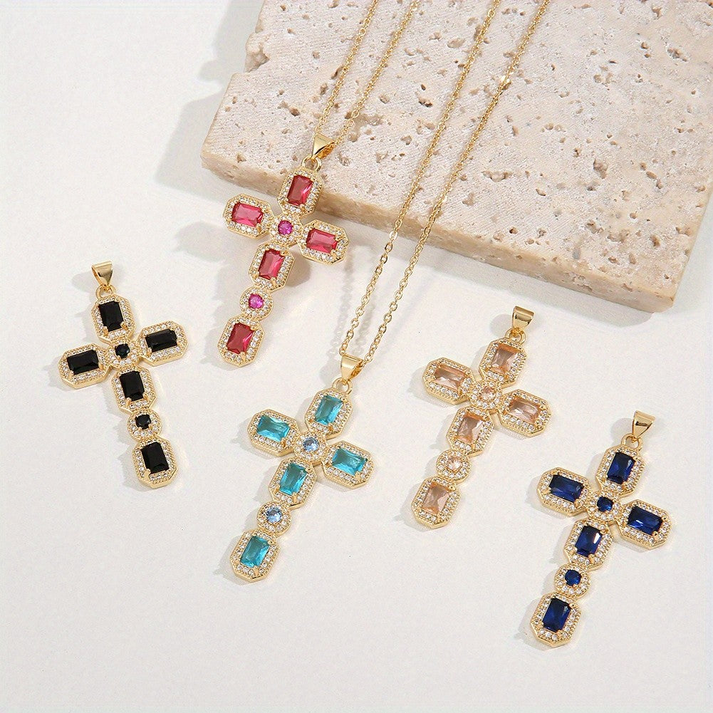 Rectangular Gemstone Cross Necklace