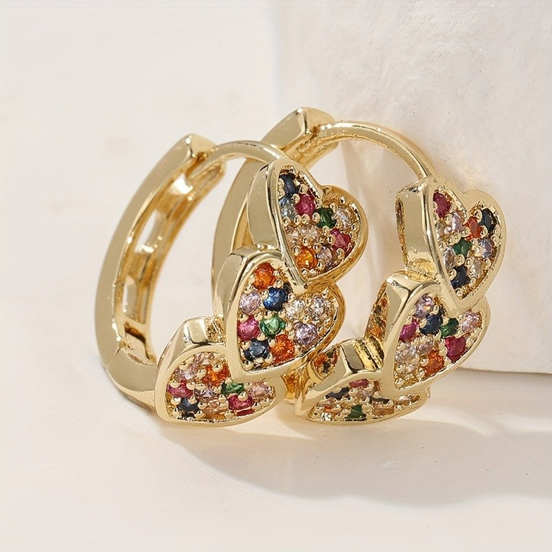 Multicolor Crystal Triple Heart Hoop Earrings