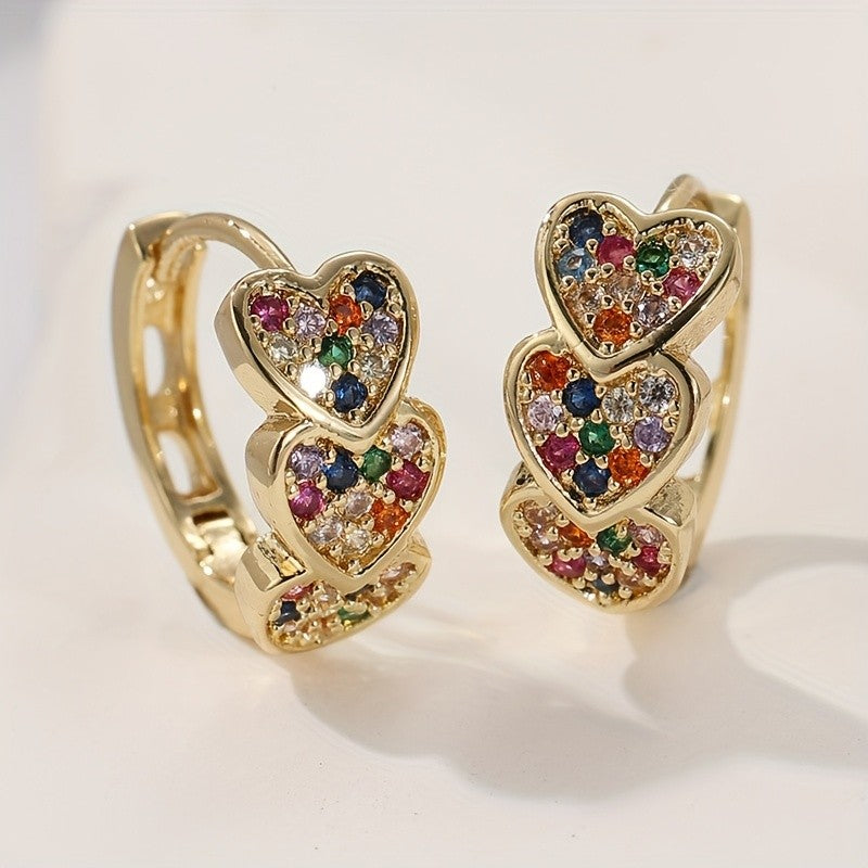 Multicolor Crystal Triple Heart Hoop Earrings
