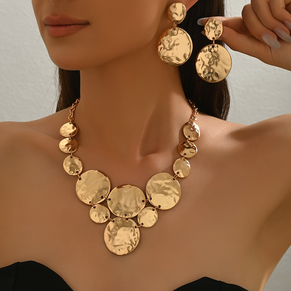 Black Marble Disc Necklace & Earring Set