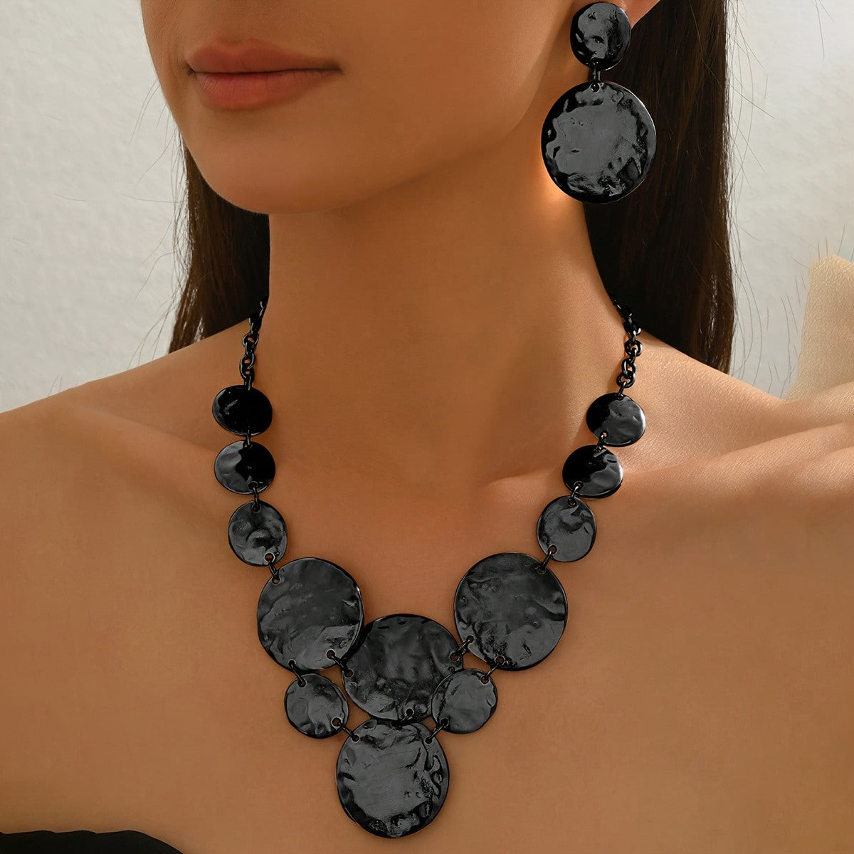 Black Marble Disc Necklace & Earring Set