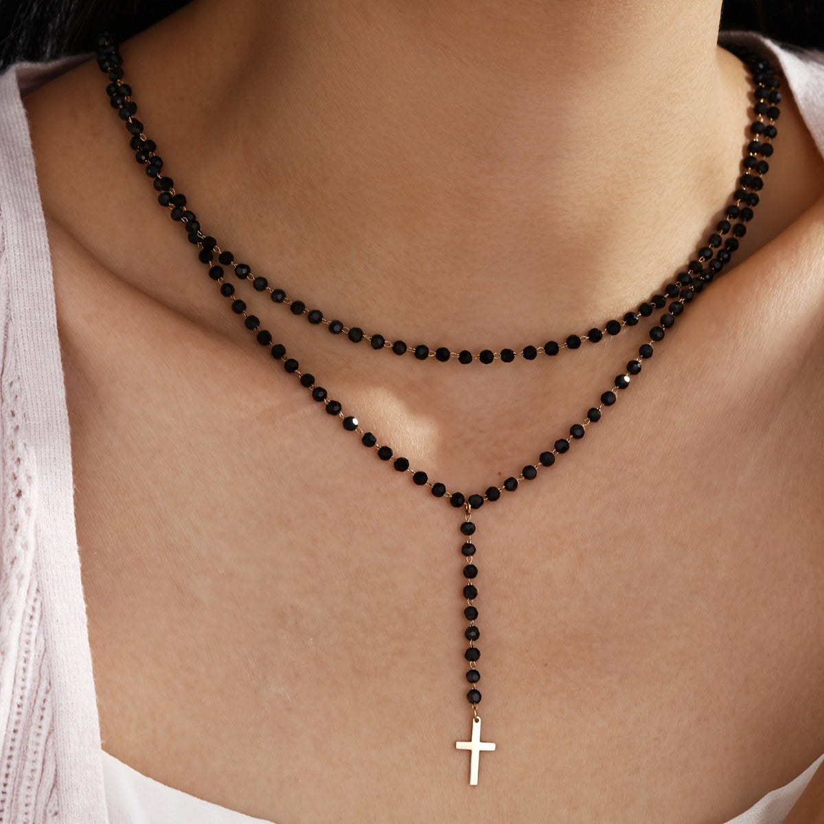 Black Bead Cross Necklace