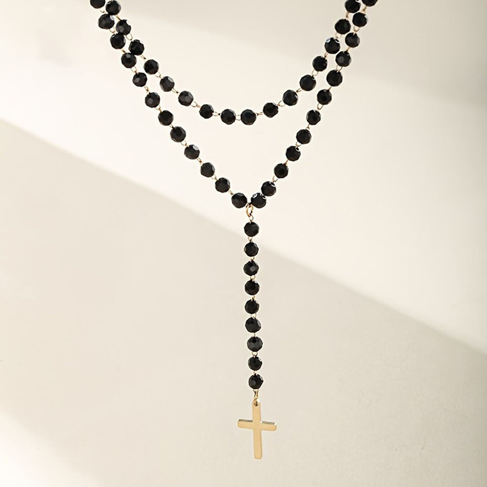 Black Bead Cross Necklace