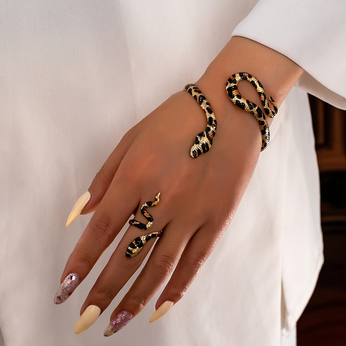 Leopard Snake Cuff Bracelet & Ring Set