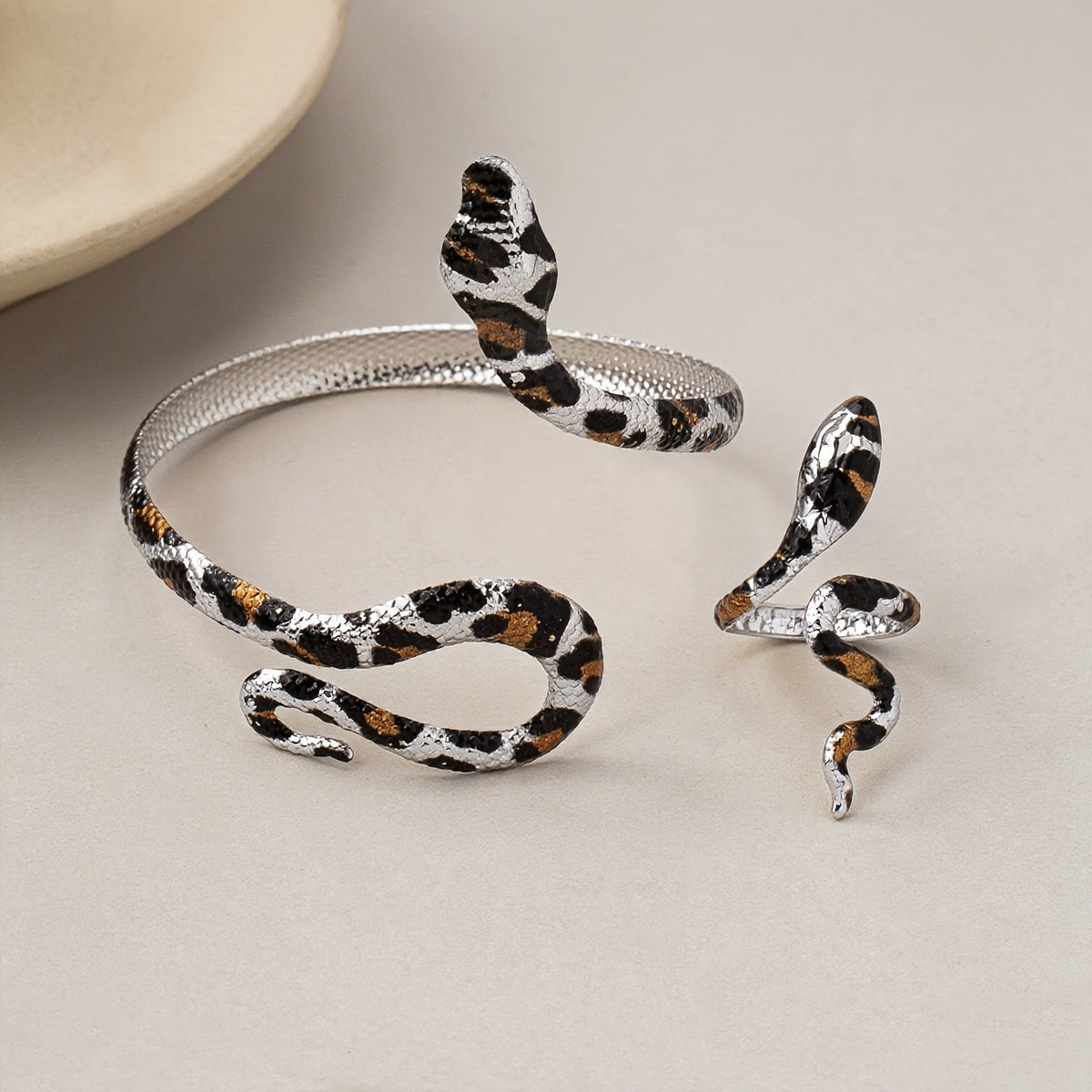 Leopard Snake Cuff Bracelet & Ring Set