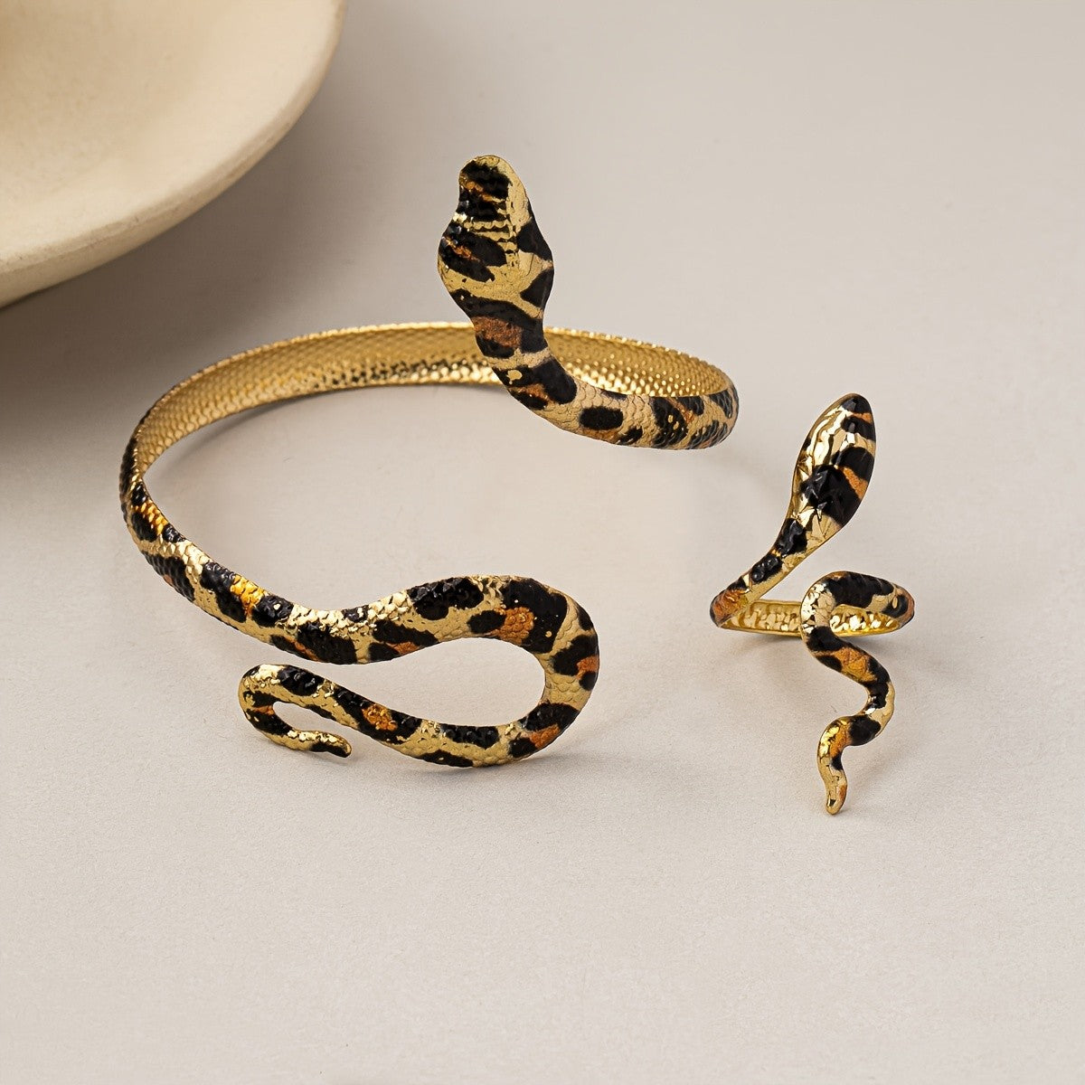 Leopard Snake Cuff Bracelet & Ring Set