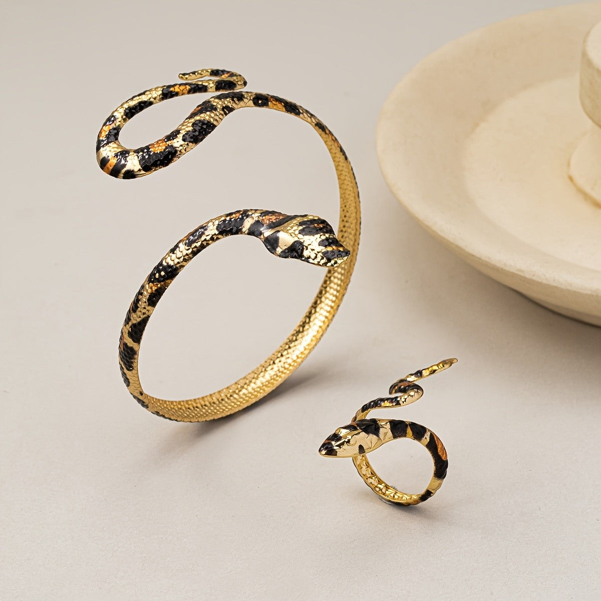 Leopard Snake Cuff Bracelet & Ring Set