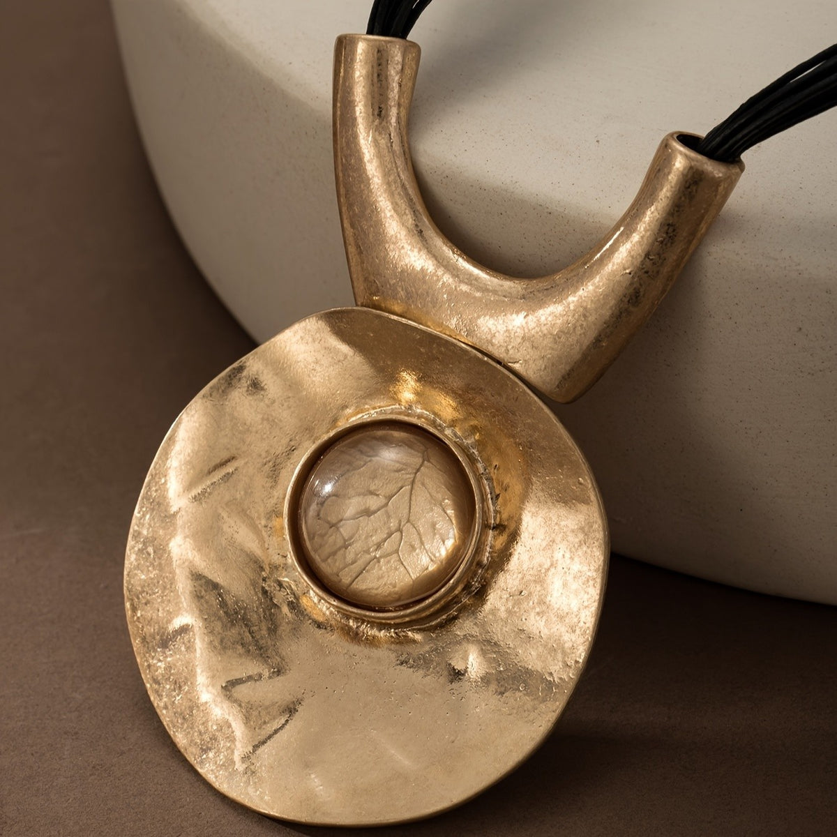 Leaf Inset Hammered Disc Necklace