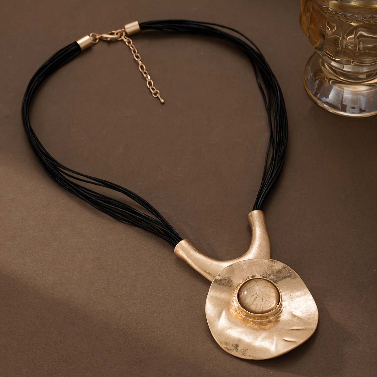 Leaf Inset Hammered Disc Necklace