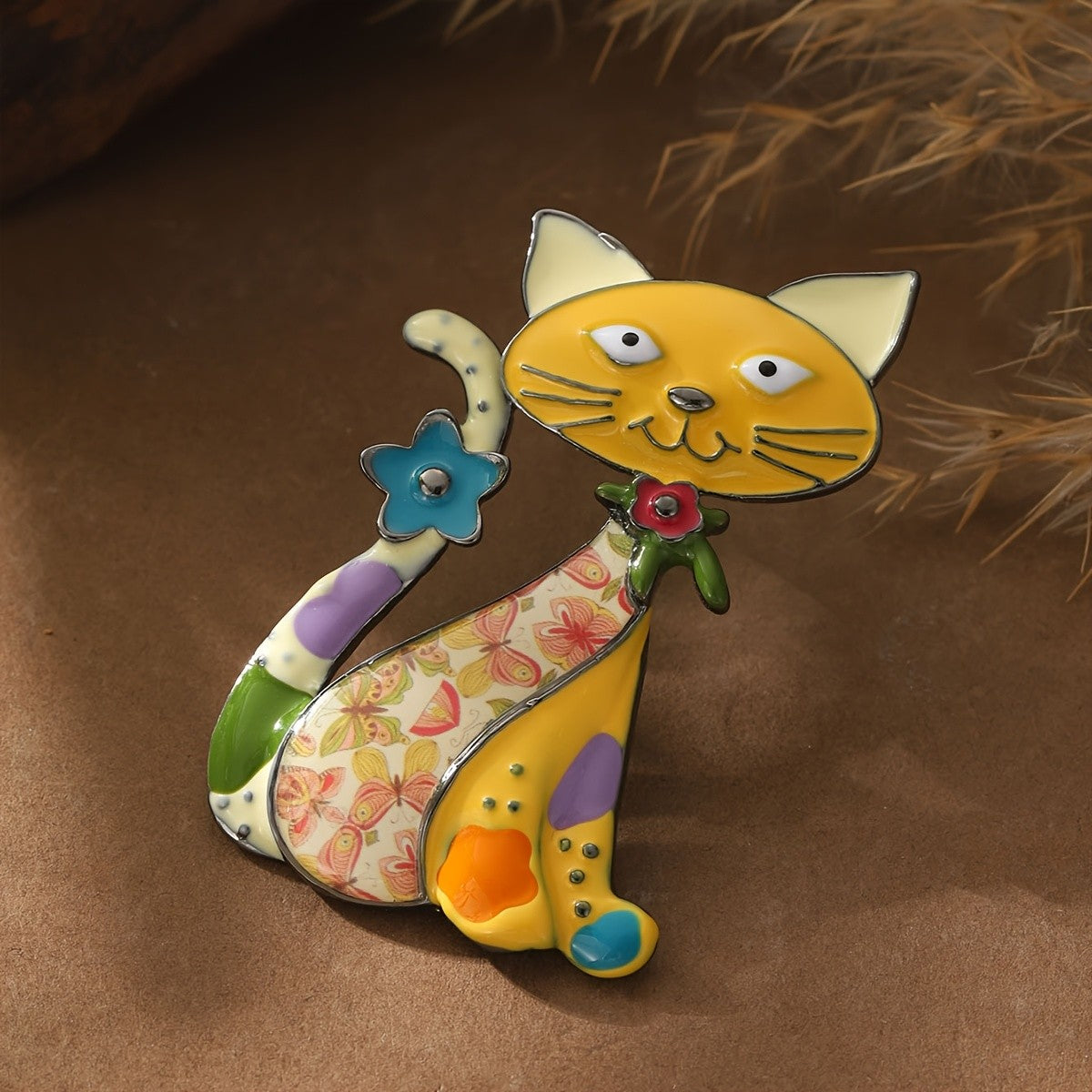 Colorful Floral Cat Brooch