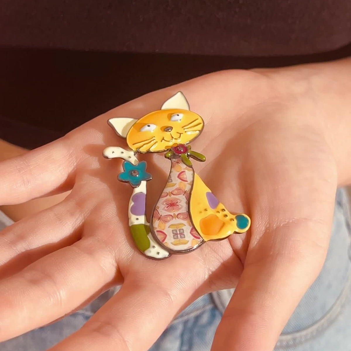 Colorful Floral Cat Brooch