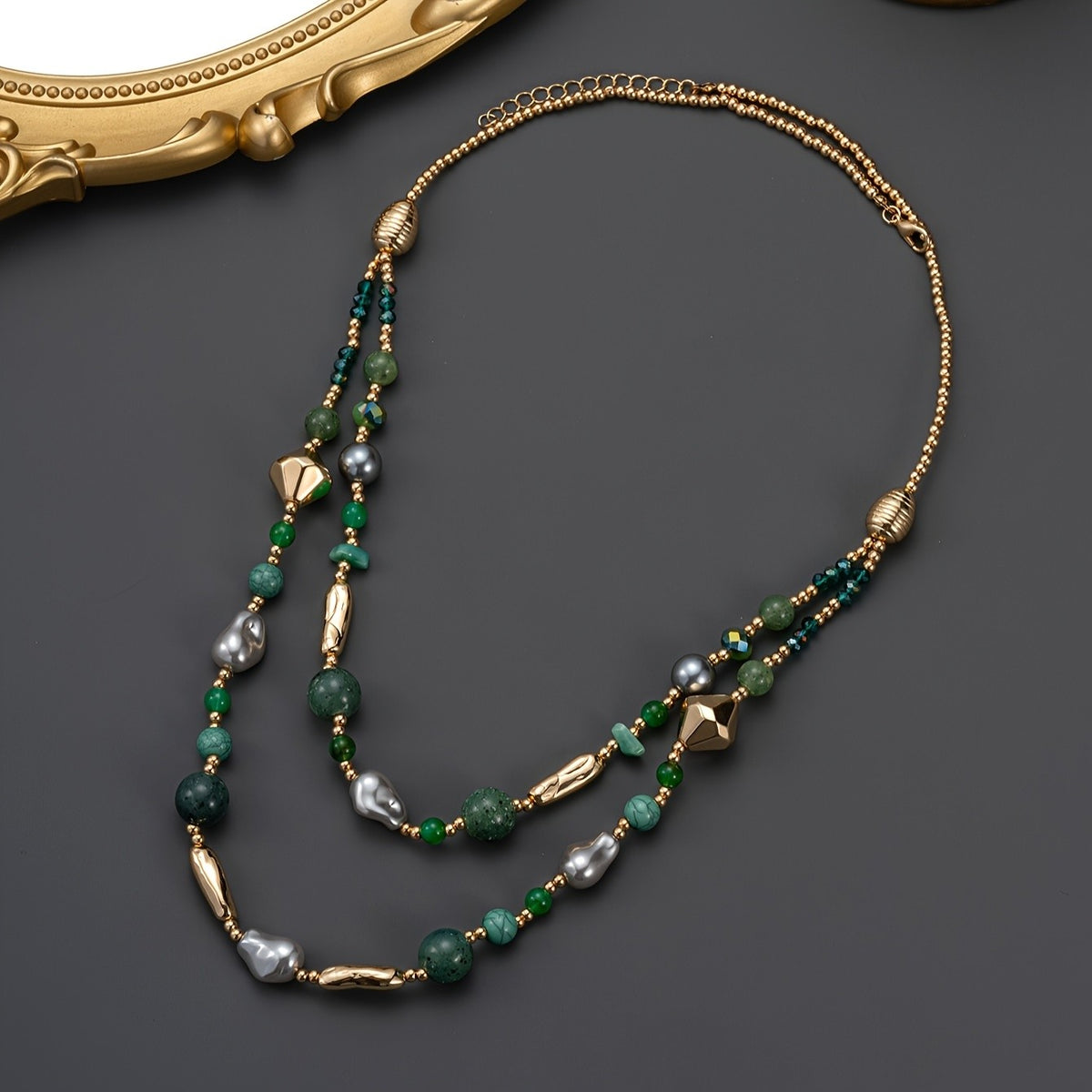 Green Glass & Gray Pearl Layered Necklace