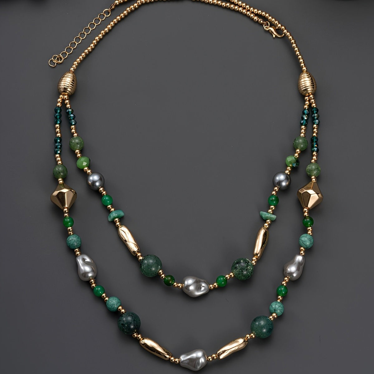 Green Glass & Gray Pearl Layered Necklace
