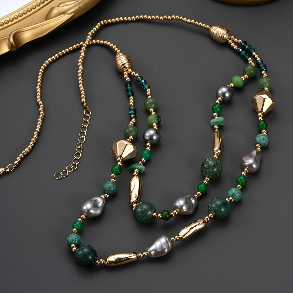 Green Glass & Gray Pearl Layered Necklace