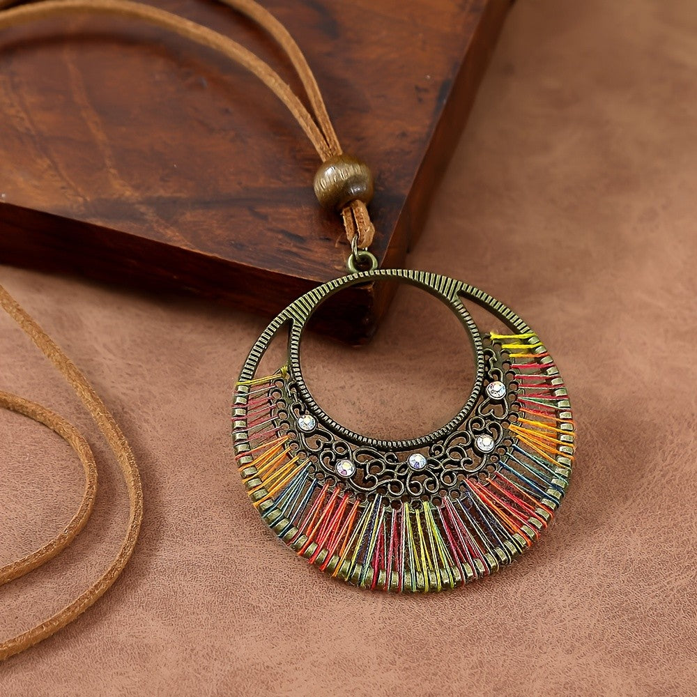 Colorful Thread Sunburst Pendant Necklace