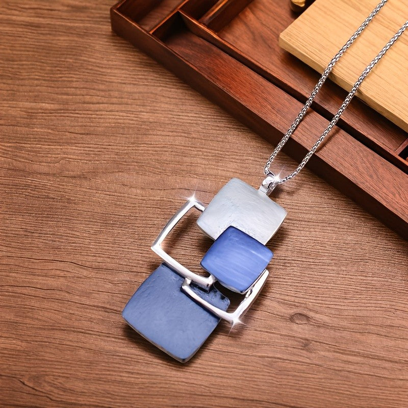 Blue Enamel Square Pendant Necklace