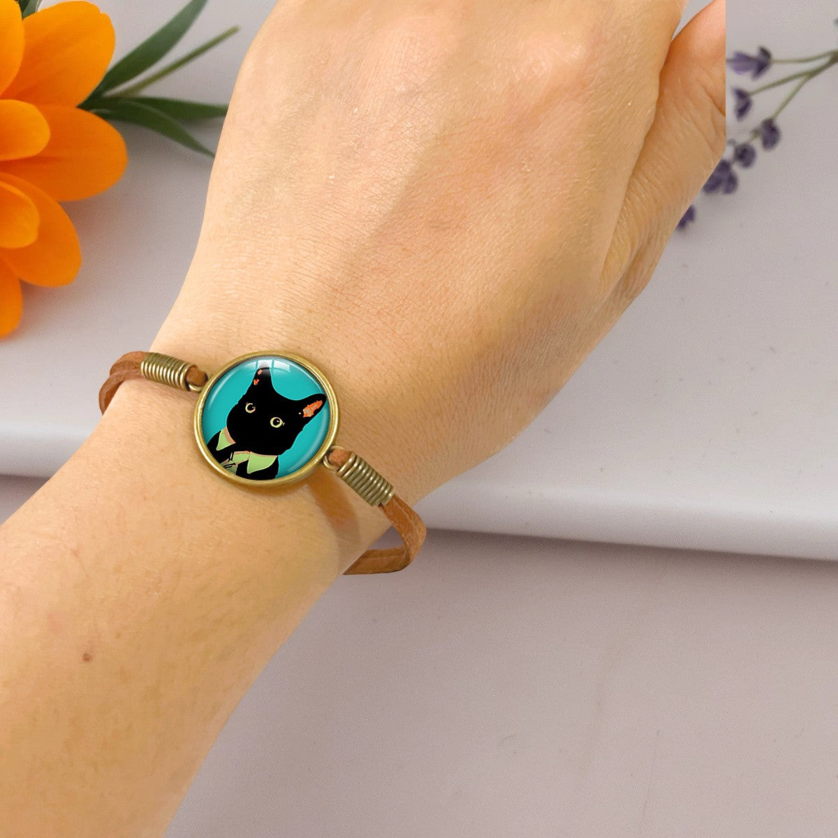 Black Cat Cabochon Cord Bracelet