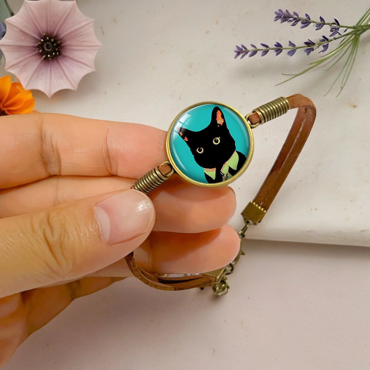 Black Cat Cabochon Cord Bracelet