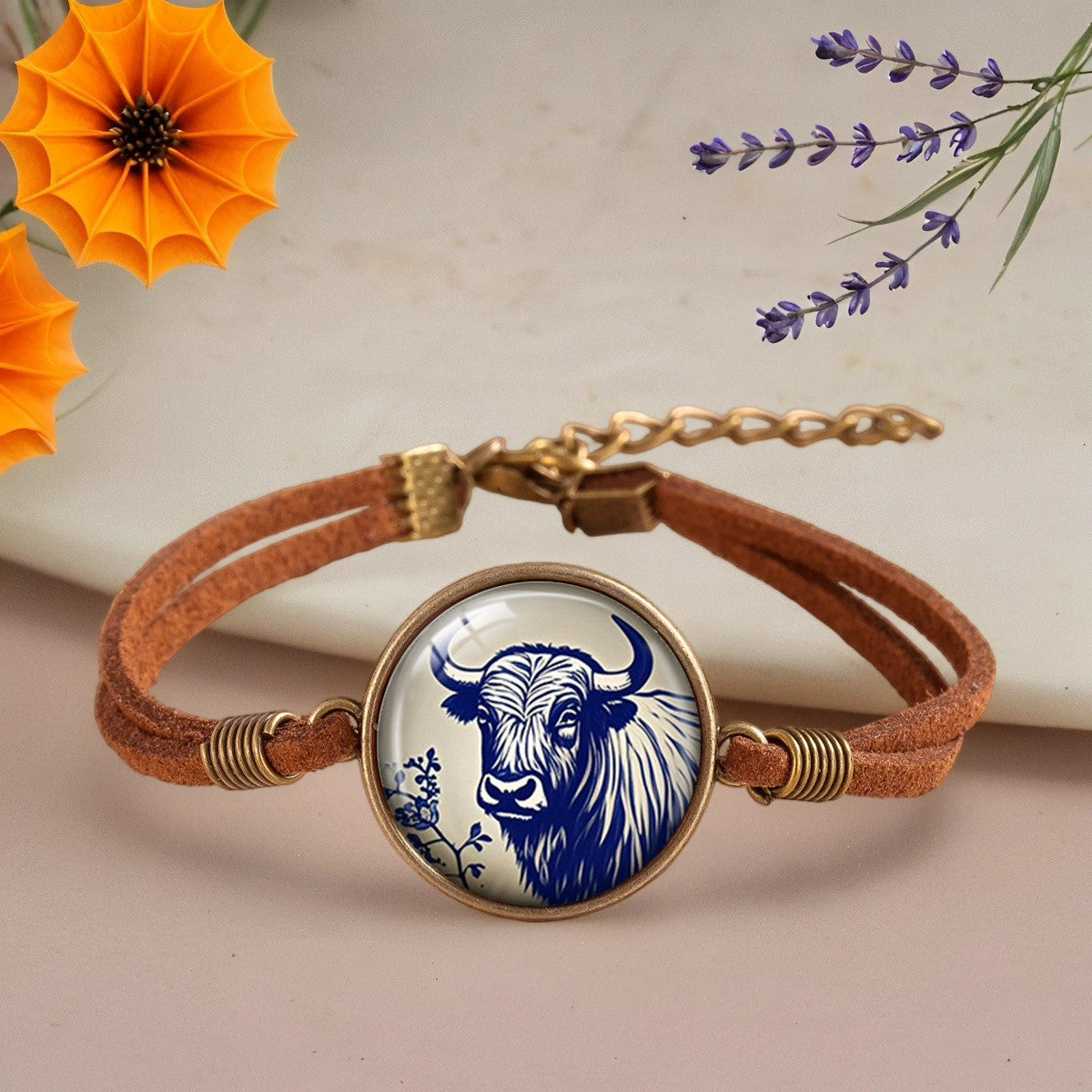Blue Highland Cow Leather Bracelet