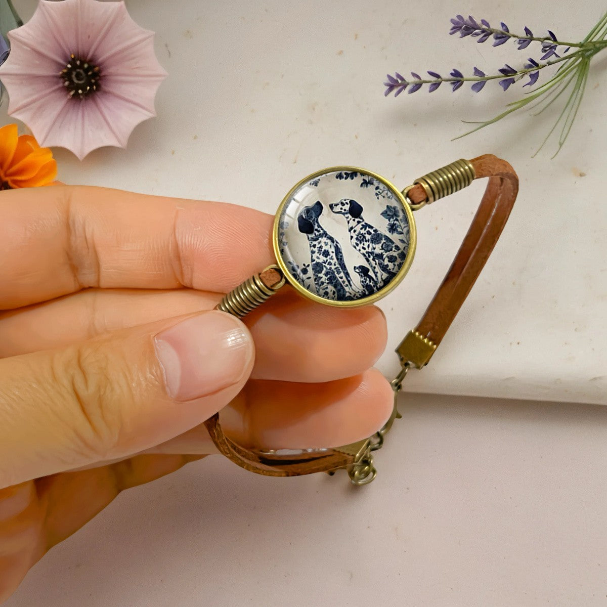 Blue Floral Dog Cabochon Bracelet