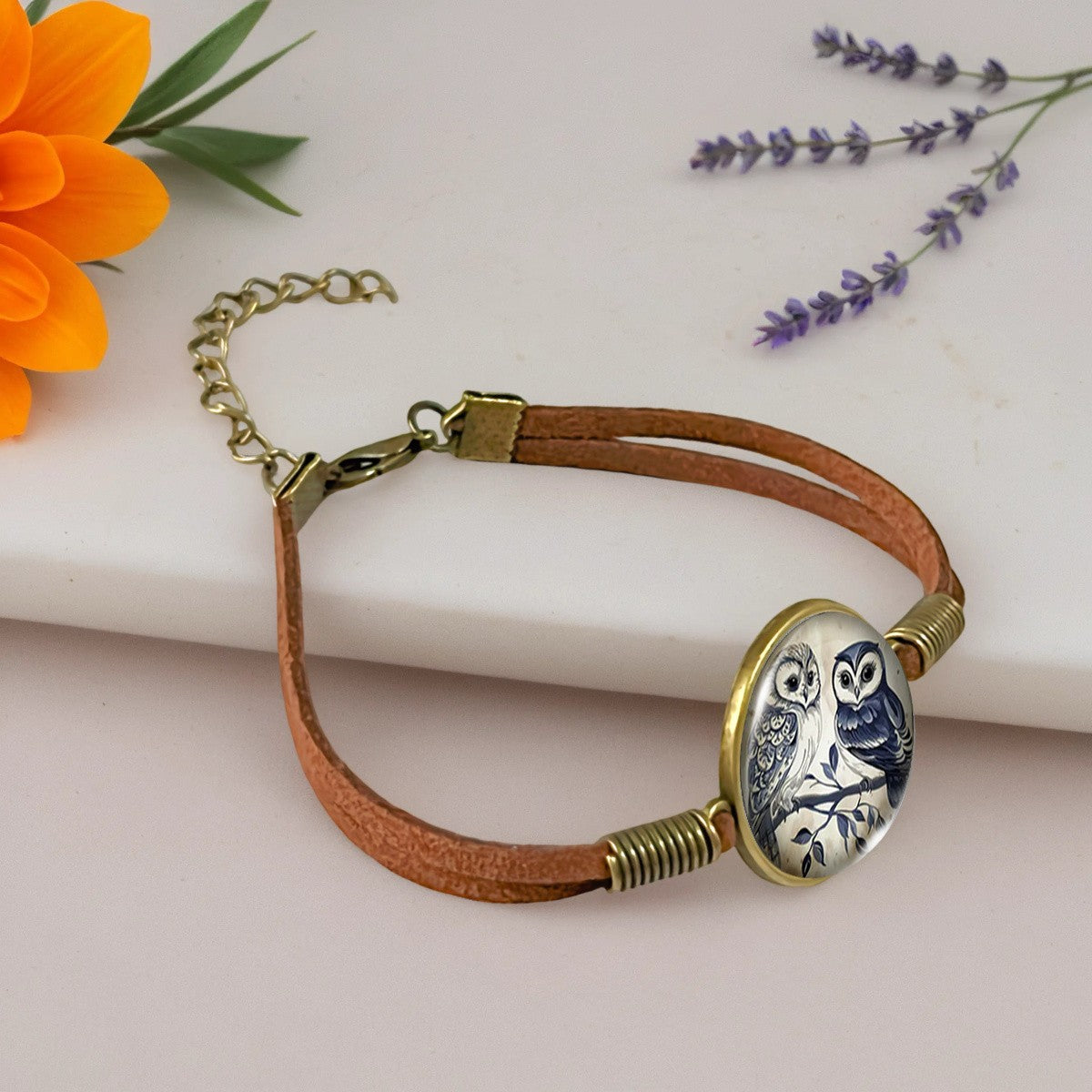 Blue & White Owl Cabochon Bracelet
