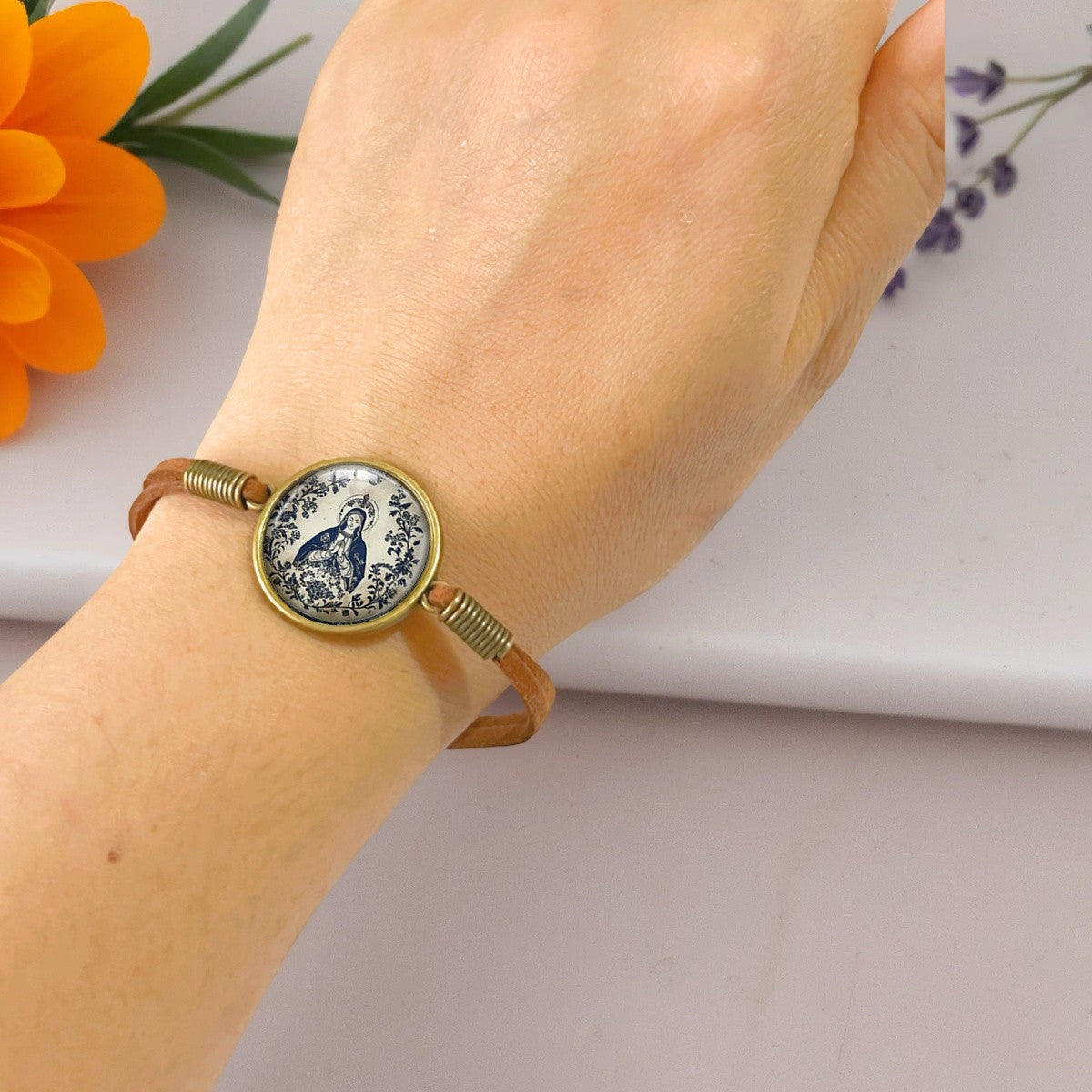 Blue Virgin Mary Cabochon Bracelet