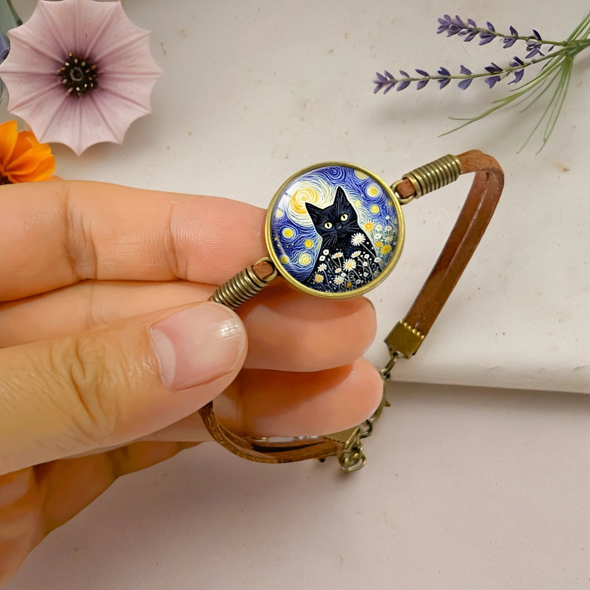 Starry Night Black Cat Floral Bracelet