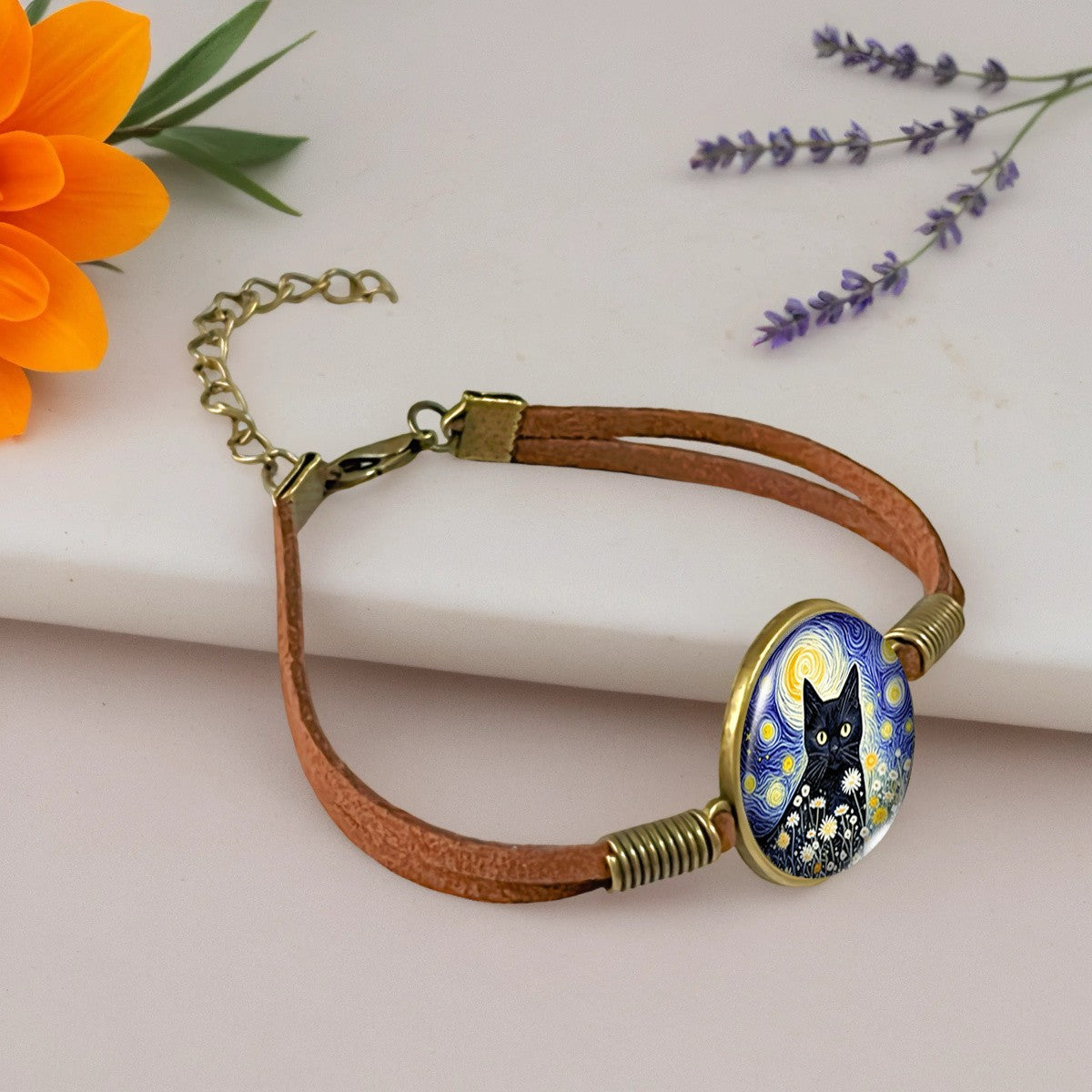 Starry Night Black Cat Floral Bracelet