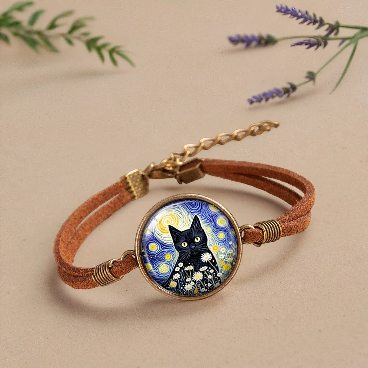 Starry Night Black Cat Floral Bracelet