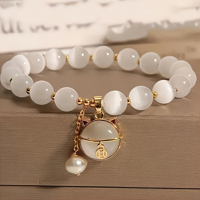 Cat Charm White Stone Bracelet