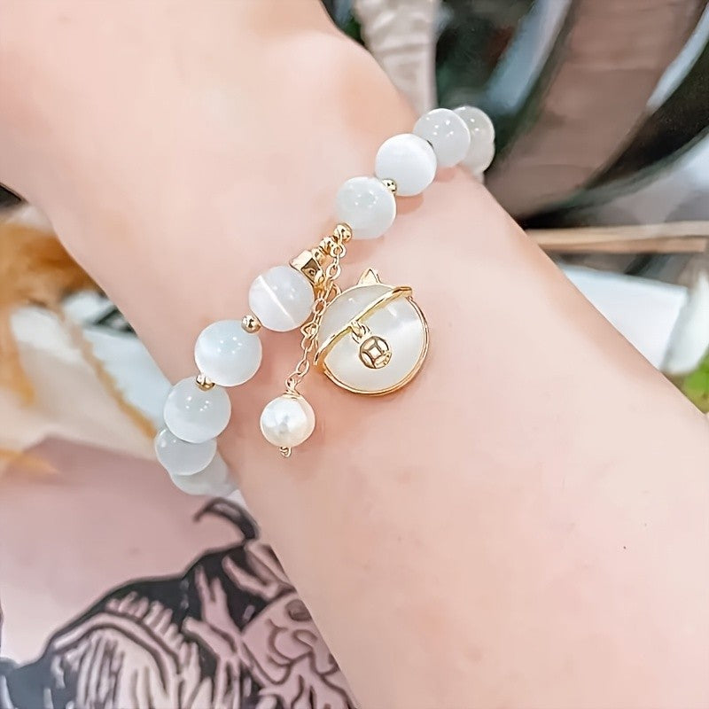 Cat Charm White Stone Bracelet