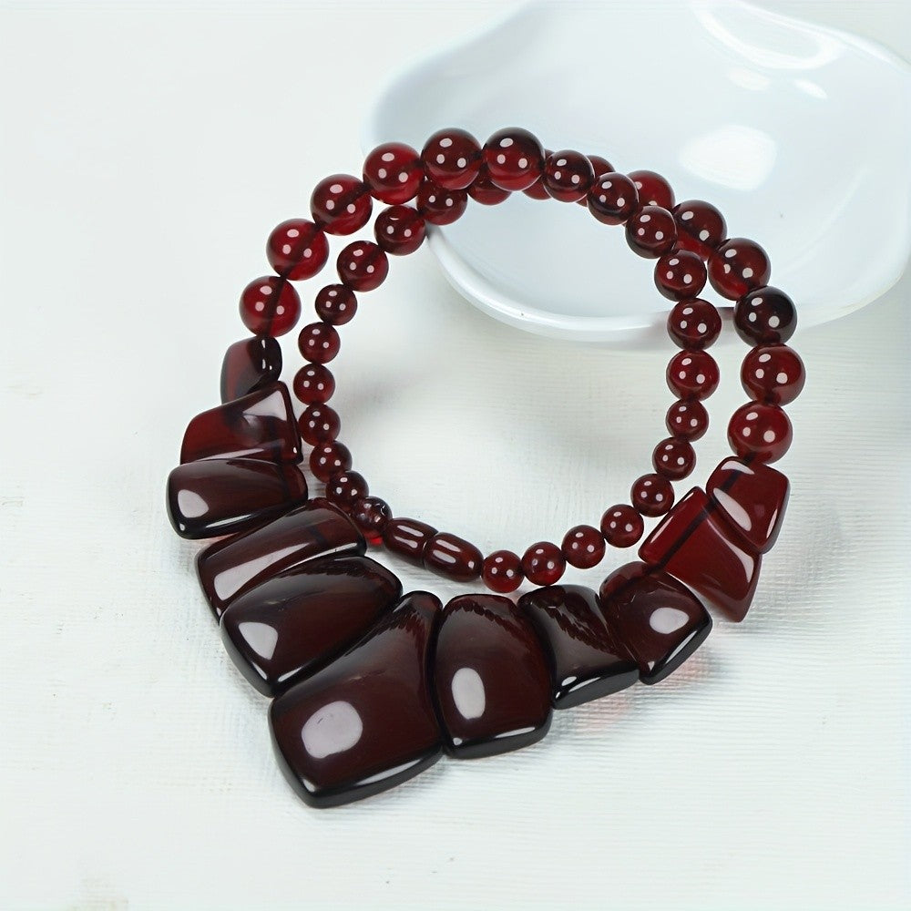 Burgundy Bead & Geometric Statement Necklace
